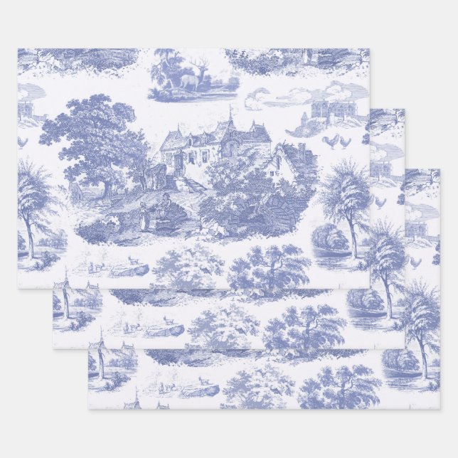 Classic Blue Vintag French Chateau Toile Geschenkpapier Set (Set)