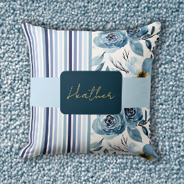 Classic Blue Watercolor Floral Striping Personaliz Kissen