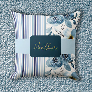 Classic Blue Watercolor Floral Striping Personaliz Kissen