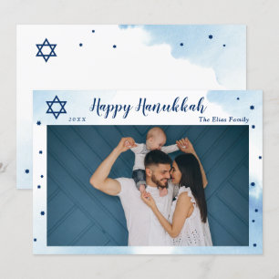 Classic Blue Watercolor Gold Happy Hanukkah Foto Feiertagskarte