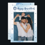 Classic Blue Watercolor Happy Hanukkah Foto Feiertagskarte<br><div class="desc">Classic Blue Watercolor Happy Hanukkah Foto Holiday Card</div>