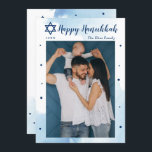 Classic Blue Watercolor Happy Hanukkah Foto Feiertagskarte<br><div class="desc">Classic Blue Watercolor Happy Hanukkah Foto Holiday Card</div>