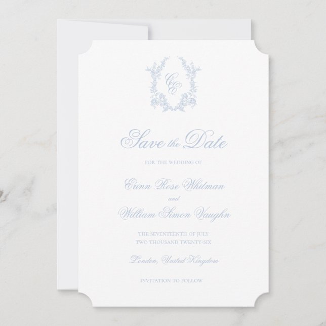 Classic Blue Wedding Crest Save The Date Invite Einladung (Vorderseite)