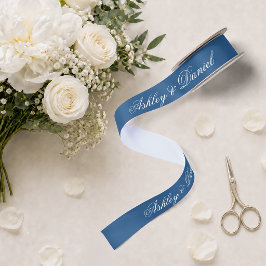 Classic Blue Wedding Elegante Script Calligraphy Satinband