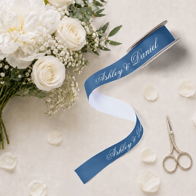 Classic Blue Wedding Elegante Script Calligraphy Satinband (Von Creator hochgeladen)