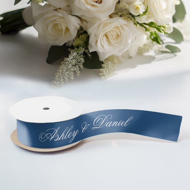 Classic Blue Wedding Elegante Script Calligraphy Satinband (Von Creator hochgeladen)
