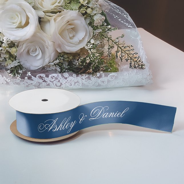 Classic Blue Wedding Elegante Script Calligraphy Satinband (Von Creator hochgeladen)