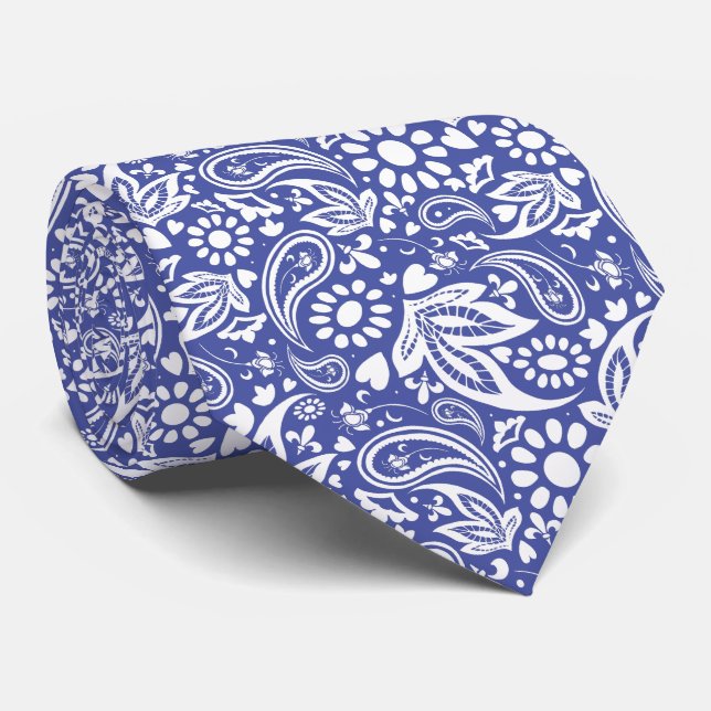 Classic Blue White Boho Chic Paisley Pattern Krawatte (Gerollt)
