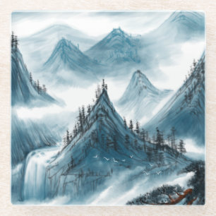 Classic Blue White Chinoiserie Landschaftsbild Mal Glasuntersetzer