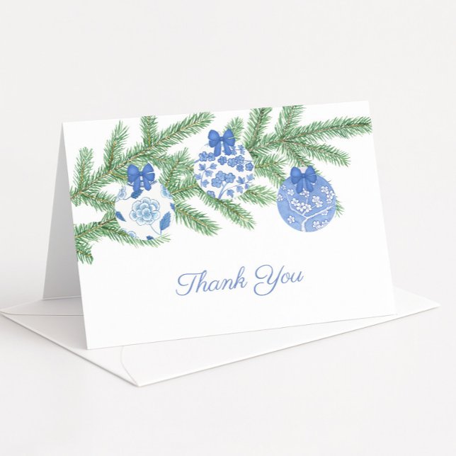 Classic Blue White Christmas Baubles Brautparty Dankeskarte (Blue and white chinoiserie baubles holiday theme thank you card)