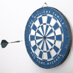 Classic Blue White Custom Familienname und Meldung Dartscheibe<br><div class="desc">Klassisches Dartboard-Design mit abwechselnden klassisch blauen und weißen Dreiecken. Oben und unten gibt es den Namen und eine Nachricht als Bogentext,  in Kapiteln.</div>