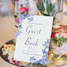 Classic Blue White Floral Wedding Gästebuchschilde Sockelschild