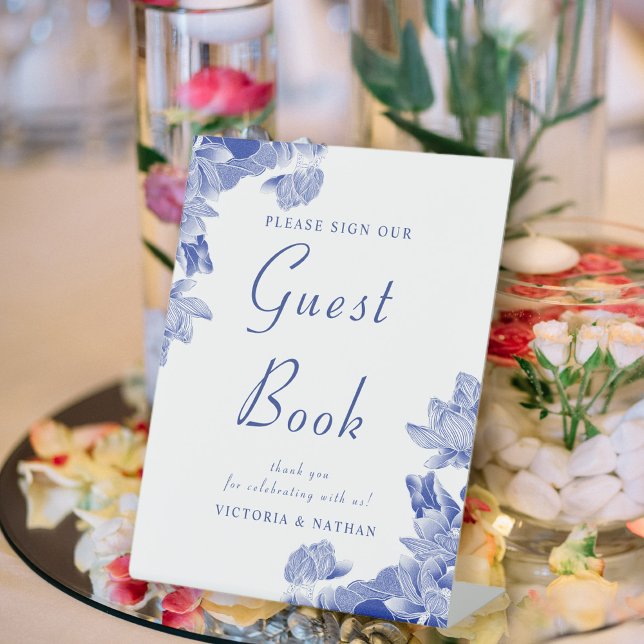 Classic Blue White Floral Wedding Gästebuchschilde Sockelschild (Von Creator hochgeladen)