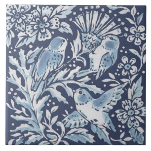 Classic Blue White Verziert 3 Birds Forest Floral Fliese