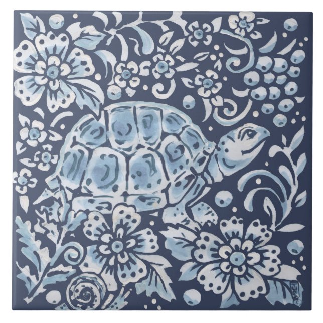 Classic Blue White Verziert Turtle Forest Floral A Fliese (Vorderseite)