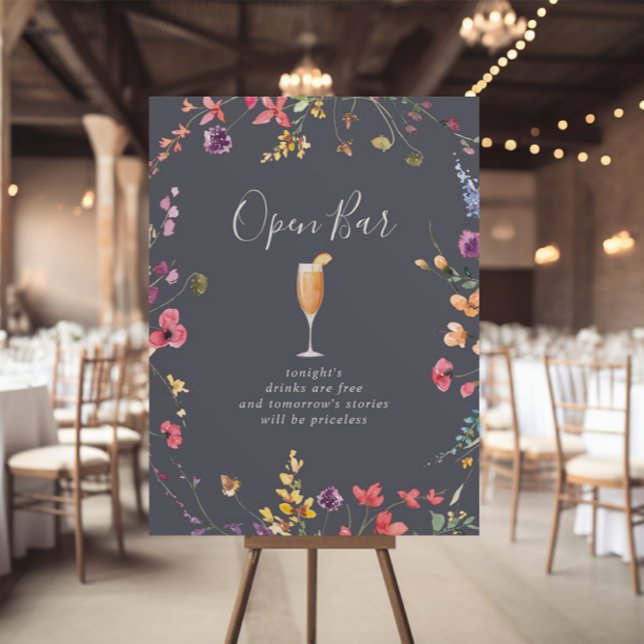 Classic Blue Wild Floral Wedding Open Bar Sign Poster (Von Creator hochgeladen)
