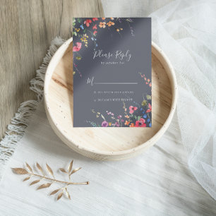 Classic Blue Wild Floral Wedding RSVP Karte