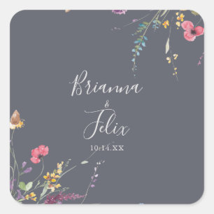 Classic Blue Wild Floral Wedding Umschlag Aufklebe Quadratischer Aufkleber
