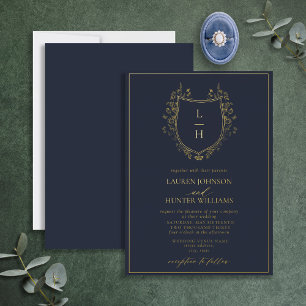 Classic Blue Wildblume Monogram Wappen Wedding Folieneinladung