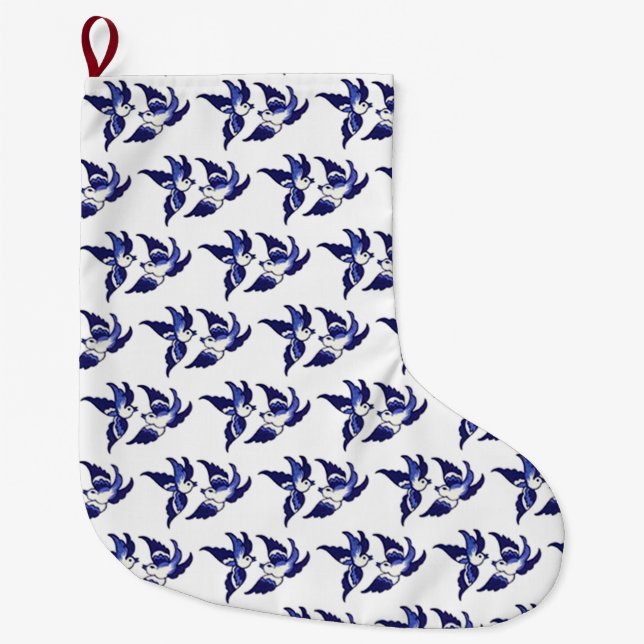 Classic Blue Willow Birds Design Großer Weihnachtsstrumpf (Vorderseite)