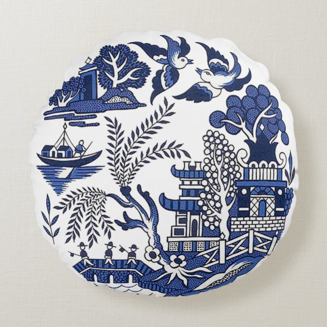 Classic Blue Willow Design Rundes Kissen (Vorderseite)