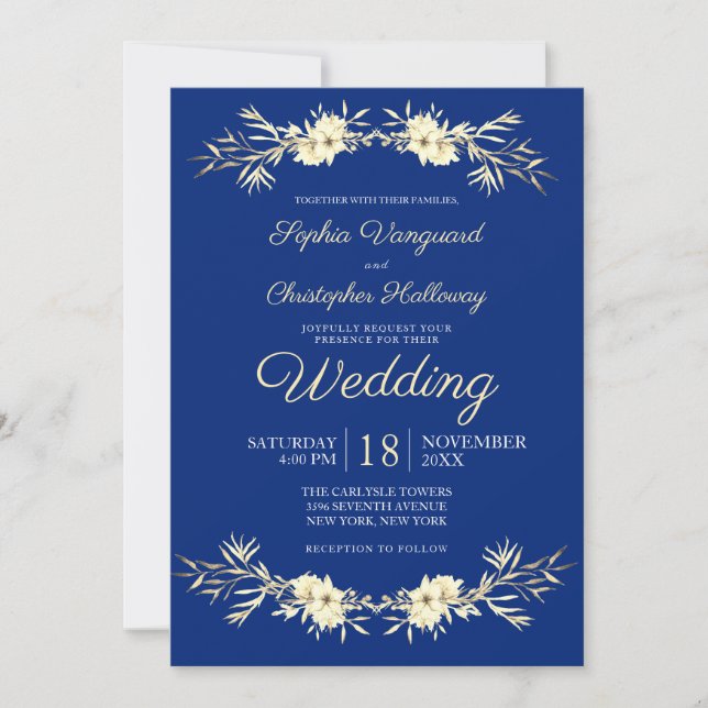 Classic Blue Winter Floral Winter Wheat Wedding Einladung (Vorderseite)