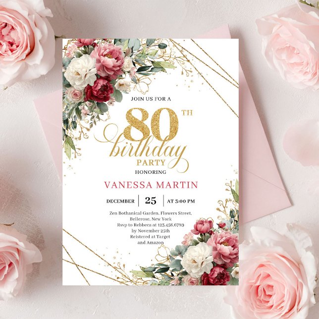 Classic Blush Burgundy Floral 80th Birthday Invite Einladung (Classic Blush Burgundy Floral 80th Birthday Invite)