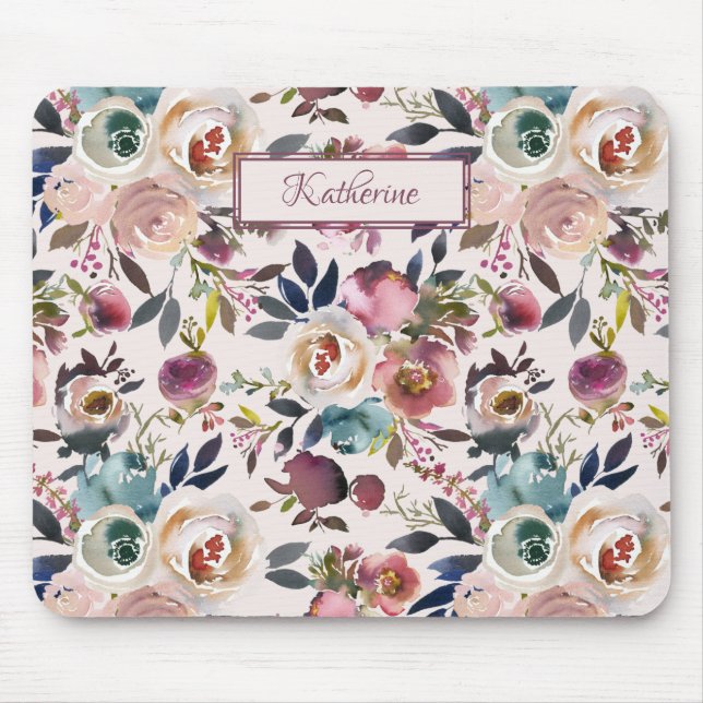 Classic Blush Pink Dusty Blue Sage Green Rose Mousepad (Vorne)