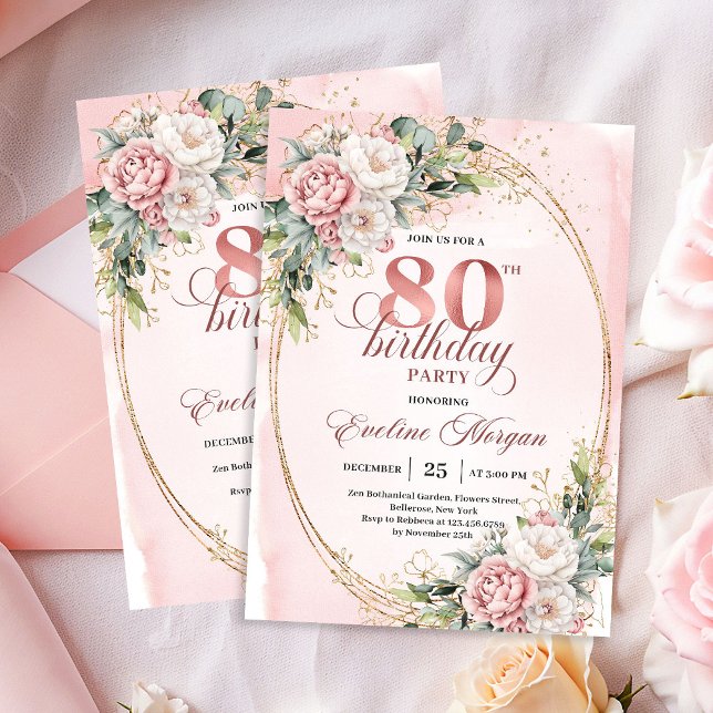 Classic Blush Pink Flowers Greenery 80th Birthday Einladung (Classic Blush Pink Flowers Greenery 80th Invitation)