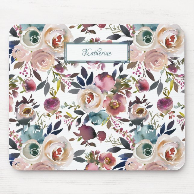 Classic Blush Pink Sage Green Dusty Blue Blumen Mousepad (Vorne)