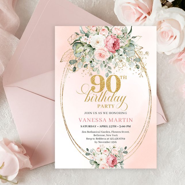 Classic Blush Roses Gold 90th Birthday Invitation Einladung (Classic Blush Roses Gold 90th Birthday Invitation)