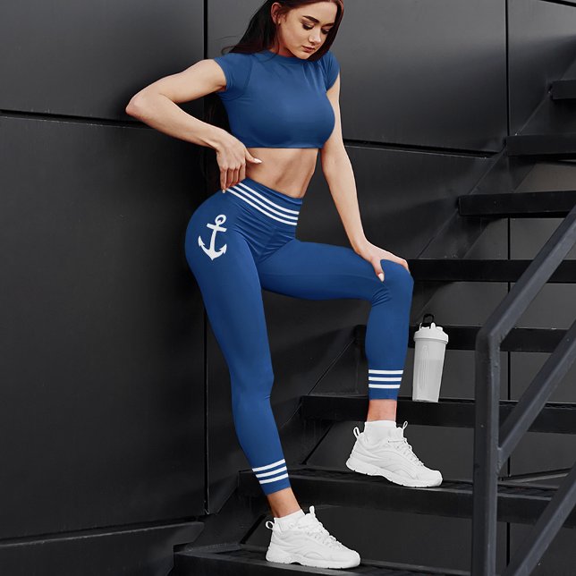 Classic Boat Anchor Stylish Navy Blue White Strip Capri Leggings (Edit the design to add text, change the primary color and more.)