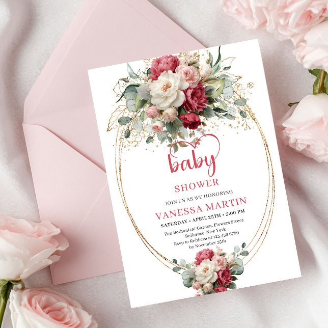 Classic Bohemian Crimson Red White Gold Floral   Einladung (Classic Bohemian Crimson Red White Gold Floral Invite)