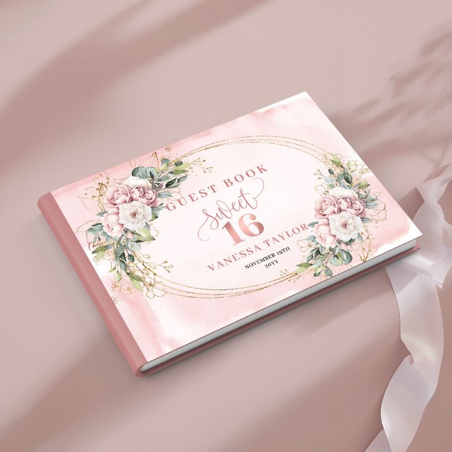 Classic Bohemian Pink Floral Greenery Sweet 16  Gästebuch (Classic Bohemian Pink Floral Greenery Sweet 16 Guest Book)