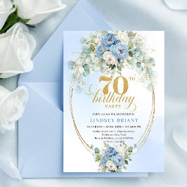 Classic Boho Blue Floral Eucalyptus 70th Birthday Einladung