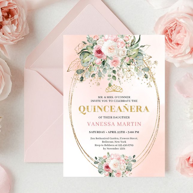 Classic Boho Blush Pink Floral Rustic Quinceañera Einladung (Classic Blush Pink Floral Rustic Quinceañera Invite)