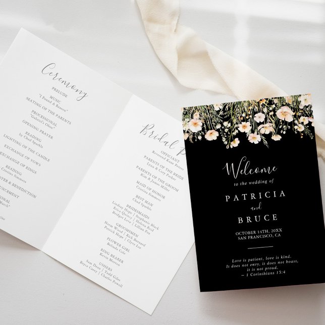 Classic Boho Blush Wildblume Black Folded Wedding Programm (Von Creator hochgeladen)