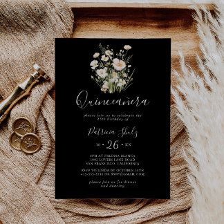 Classic Boho Blush Wildblume Black Quinceañera Einladung