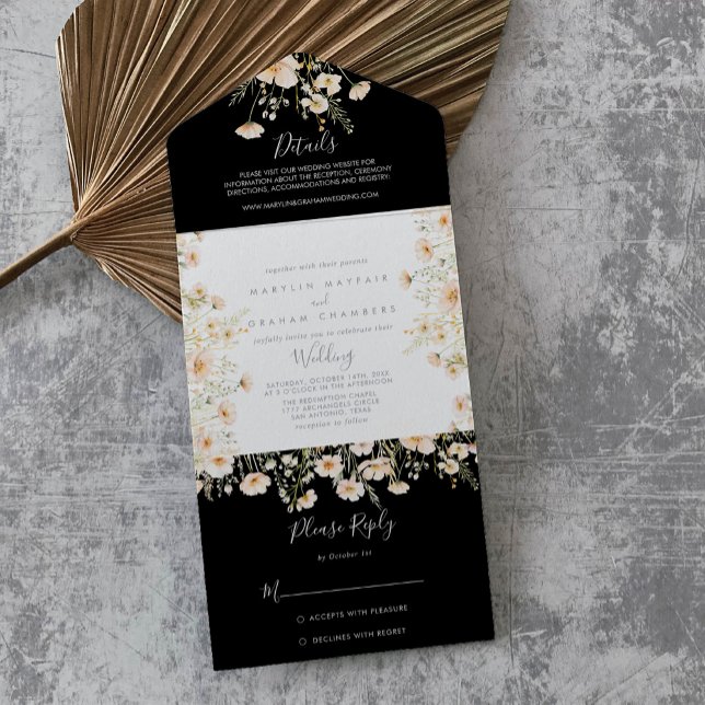 Classic Boho Blush Wildblume Black Wedding All In One Einladung (Von Creator hochgeladen)