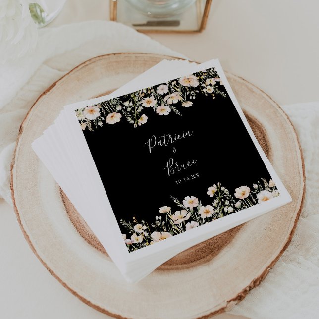 Classic Boho Blush Wildblume Black Wedding Napkin Serviette (Von Creator hochgeladen)
