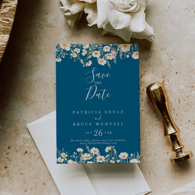 Classic Boho Blush Wildblume Blue Wedding Save The Date (Von Creator hochgeladen)