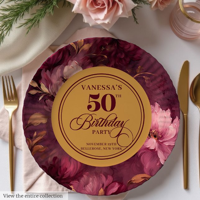Classic Boho Burgundy Blush Gold 50. Geburtstag Pappteller (Classic Boho Burgundy Blush Gold 50th Birthday Paper Plates)