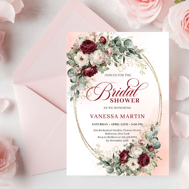 Classic Boho Burgundy Flowers & Gold Bridal Shower Einladung (Classic Burgundy Flowers & Gold Bridal Shower Invitation)