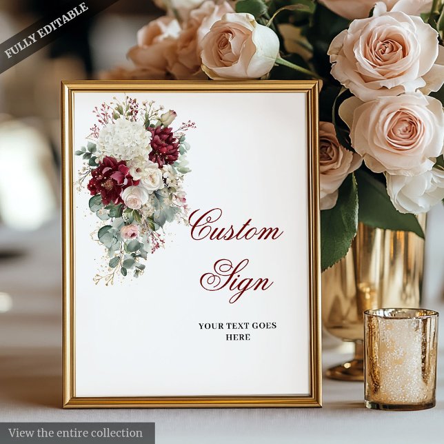 Classic Boho Burgundy White Rose Custom Wedding Poster (Classic Boho Burgundy White Rose Custom Wedding Sign)