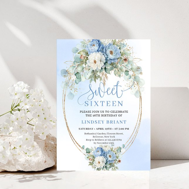 Classic Boho Dusty Blue Floral Eucalyptus Sweet 16 Einladung (Classic Dusty Blue Floral Eucalyptus Sweet 16 Invitation)