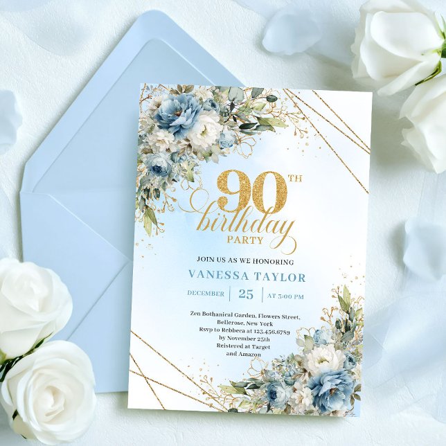 Classic Boho Dusty Blue White Floral 90th Birthday Einladung (Classic Dusty Blue White Floral 90th Birthday Invite

)