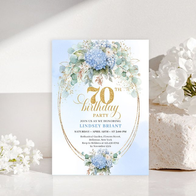 Classic Boho Light Blue Floral Gold 70th Birthday Einladung (Classic Light Blue Floral Gold 70th Birthday Invite

)