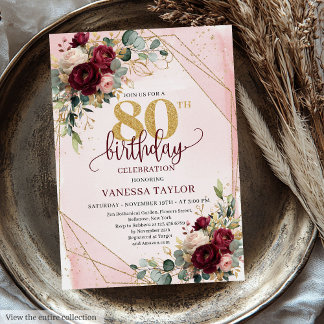 Classic Boho Merlot Gold Blume 80. Geburtstag Einladung