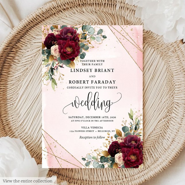 Classic Boho Merlot Gold White Blume Hochzeit Einladung (Classic Boho Merlot Gold White Flowers Wedding Invitation)