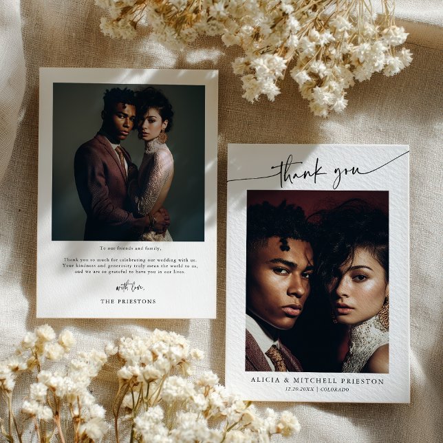 Classic Boho Minimalist Script Wedding Photo Dankeskarte (Classic Boho Minimalist Script Wedding Photo Thank You Card)